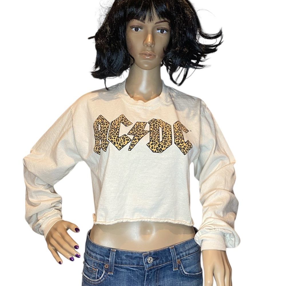 AC/DC Band Cropped Long Sleeved Tee Shirt T-Shirt Animal Print Off-White Sz S/M